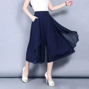 Women's High-Waist Chiffon Capri Pants, Slim Casual Cropped Trousers