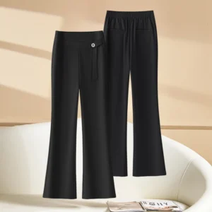 Women's High-Waist Micro-Flare Work Pants with Decorative Buckle