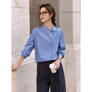 Women's Blue Striped Casual Shirt, Relaxed Spring Top