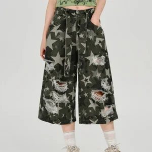 Women's Retro Washed Distressed Wide-Leg Cropped Pants, Loose Casual Trousers