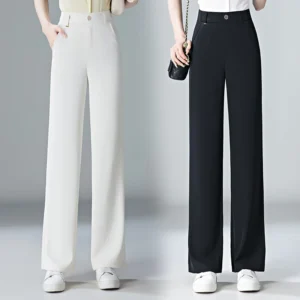 Women's White High-Waist Silk Pants, Loose Summer Trousers